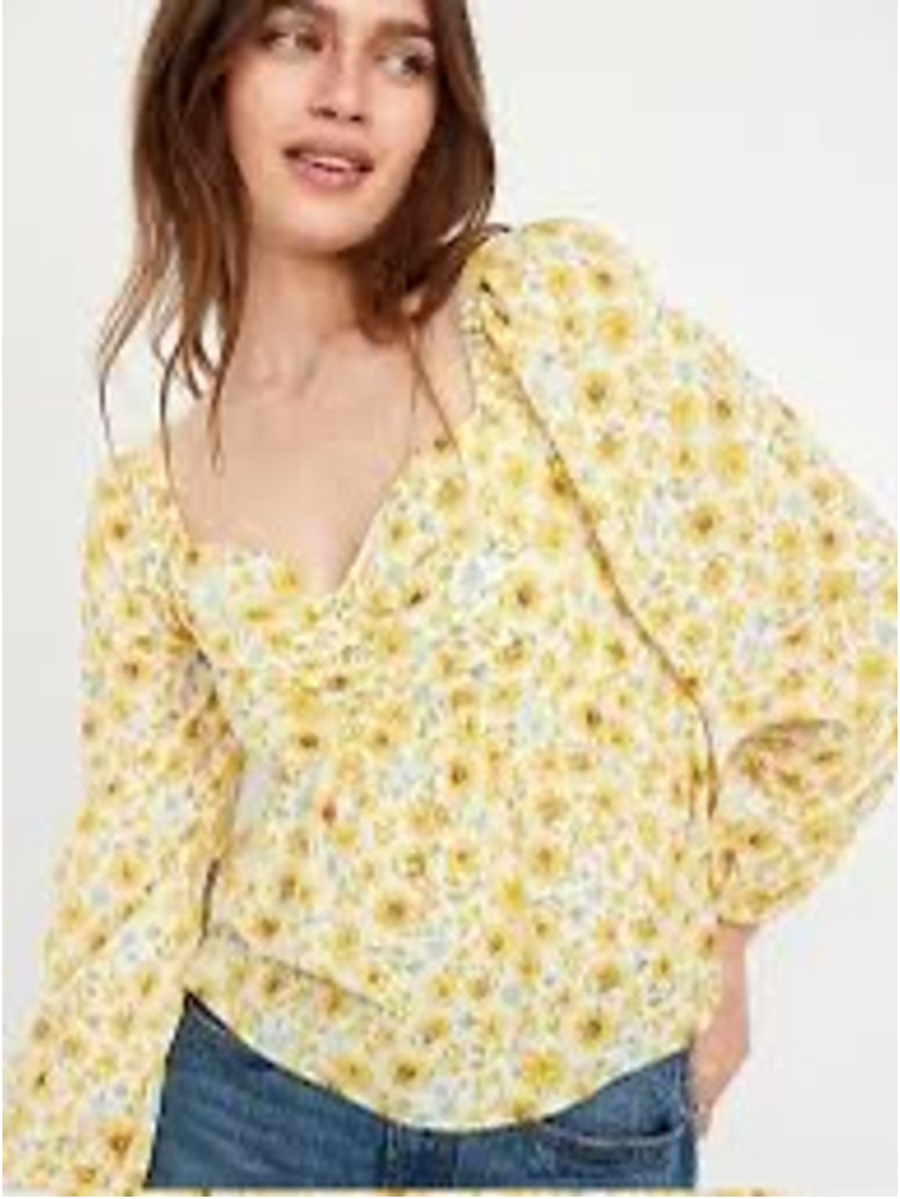 Old Navy Puff Sleeve Smock Back Sunflower Print Top Size M Peasant Cottagecore